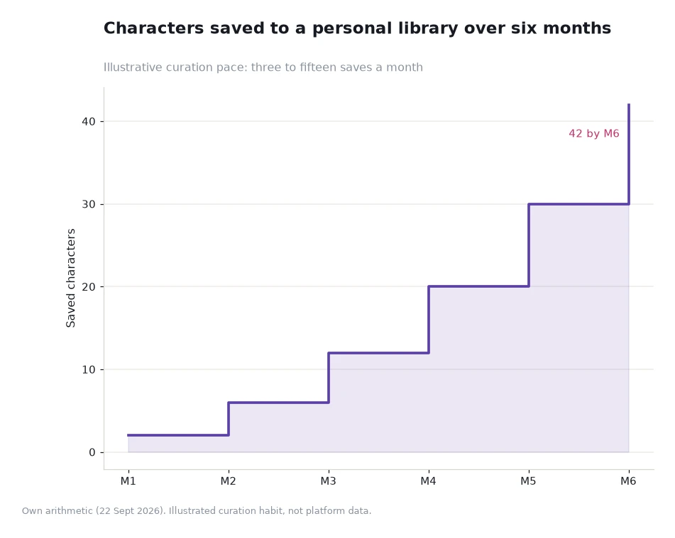 Step chart of saved characters accumulating from 2 in month one to 42 in month six